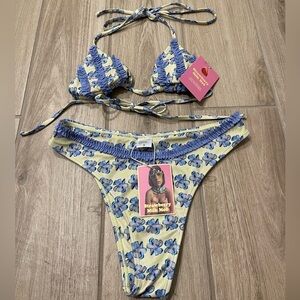 NWT Strawberry Milk Mob Yellow Ruffle Bikini Top + Bottom Floral Swim Set Sz S